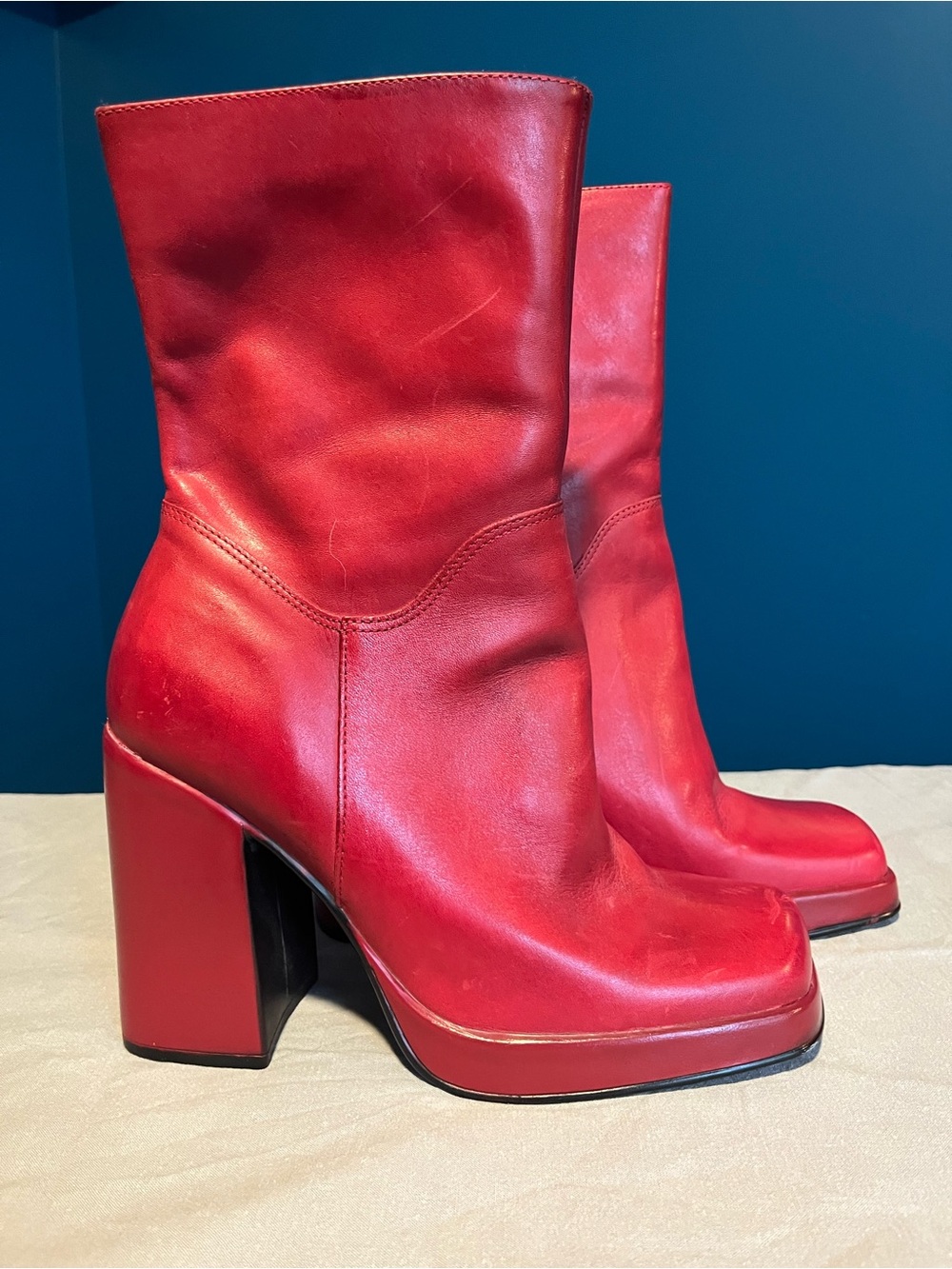 Steve Madden Franky Red Leather Platform Block Heel Booties